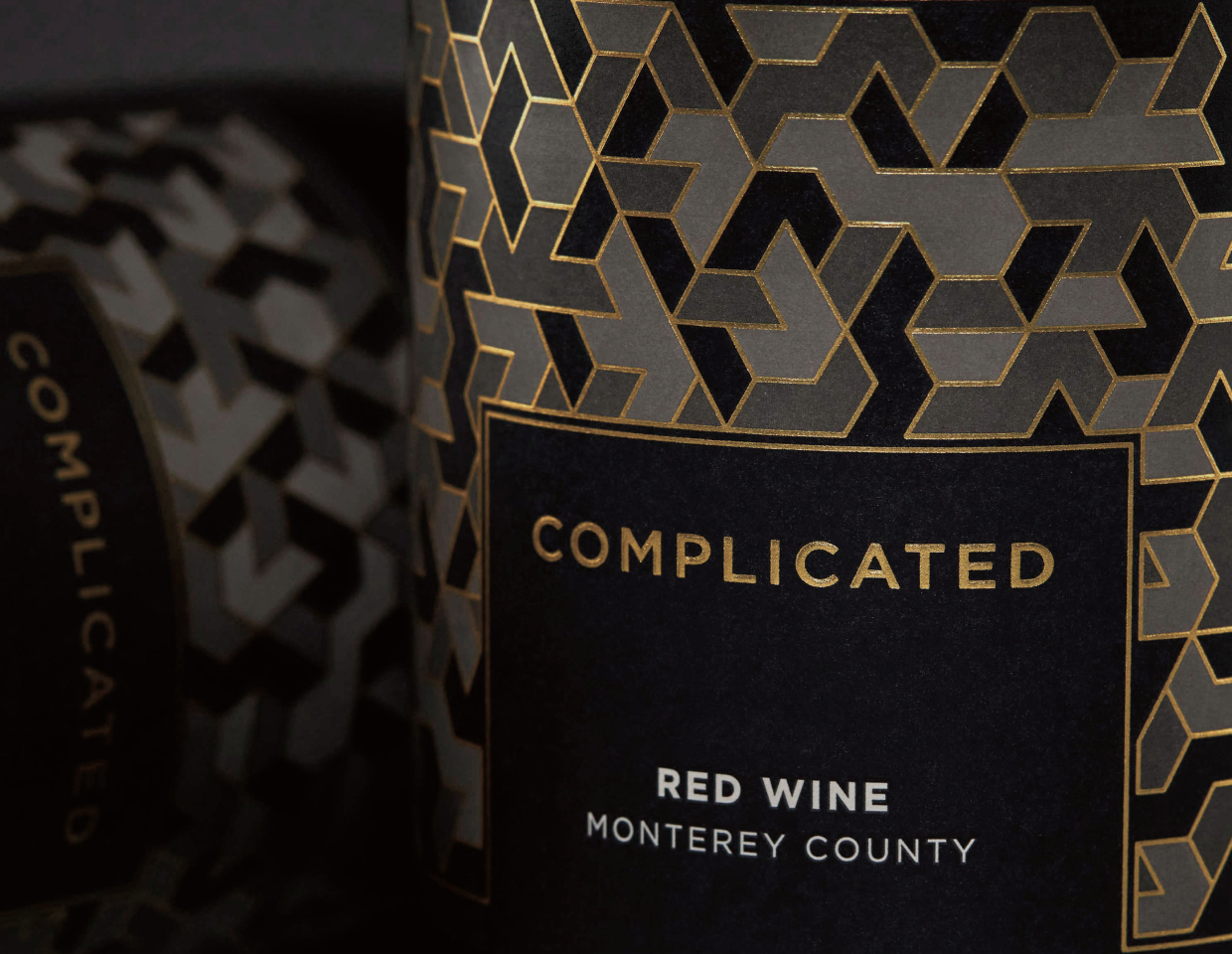 Close up of a bottle of Complicated Red Wine from Monteray County