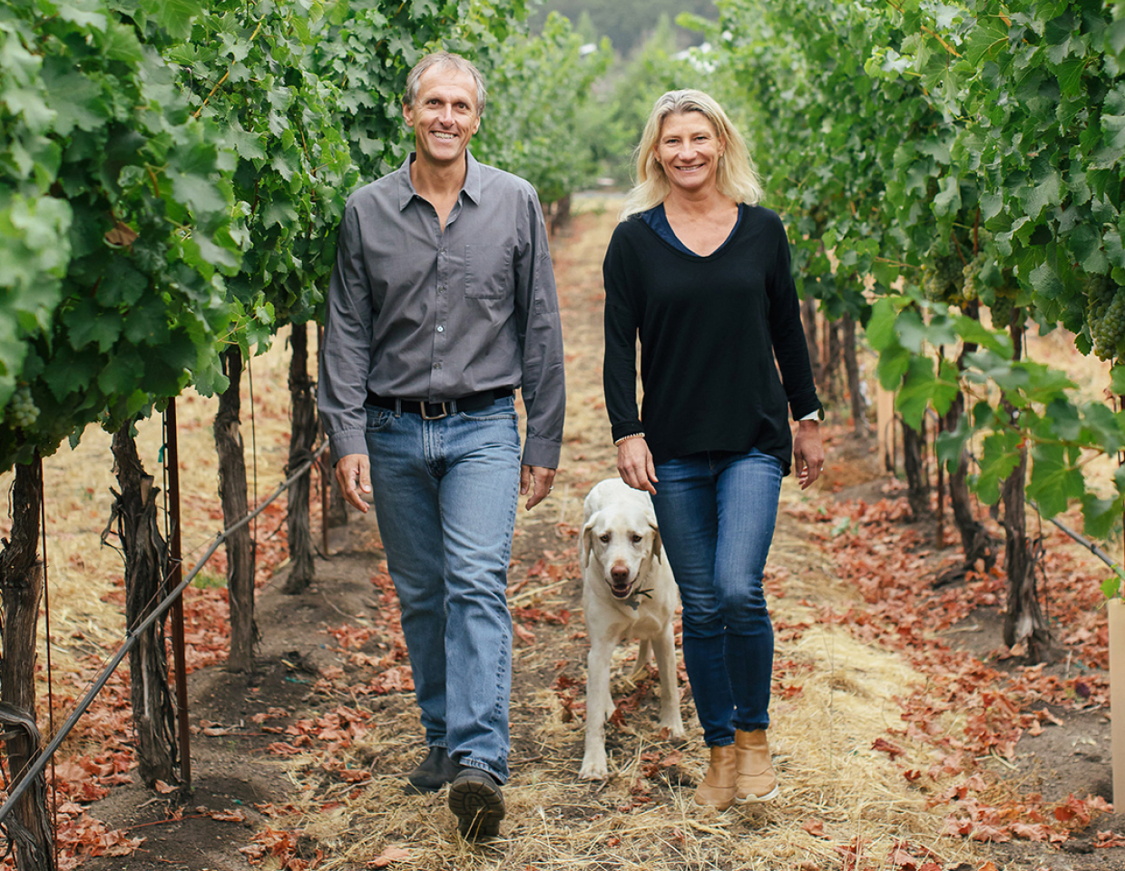 Joel Gott and Sarah Gott walking in a lush, green vineyard with their yellow lab dog between them.