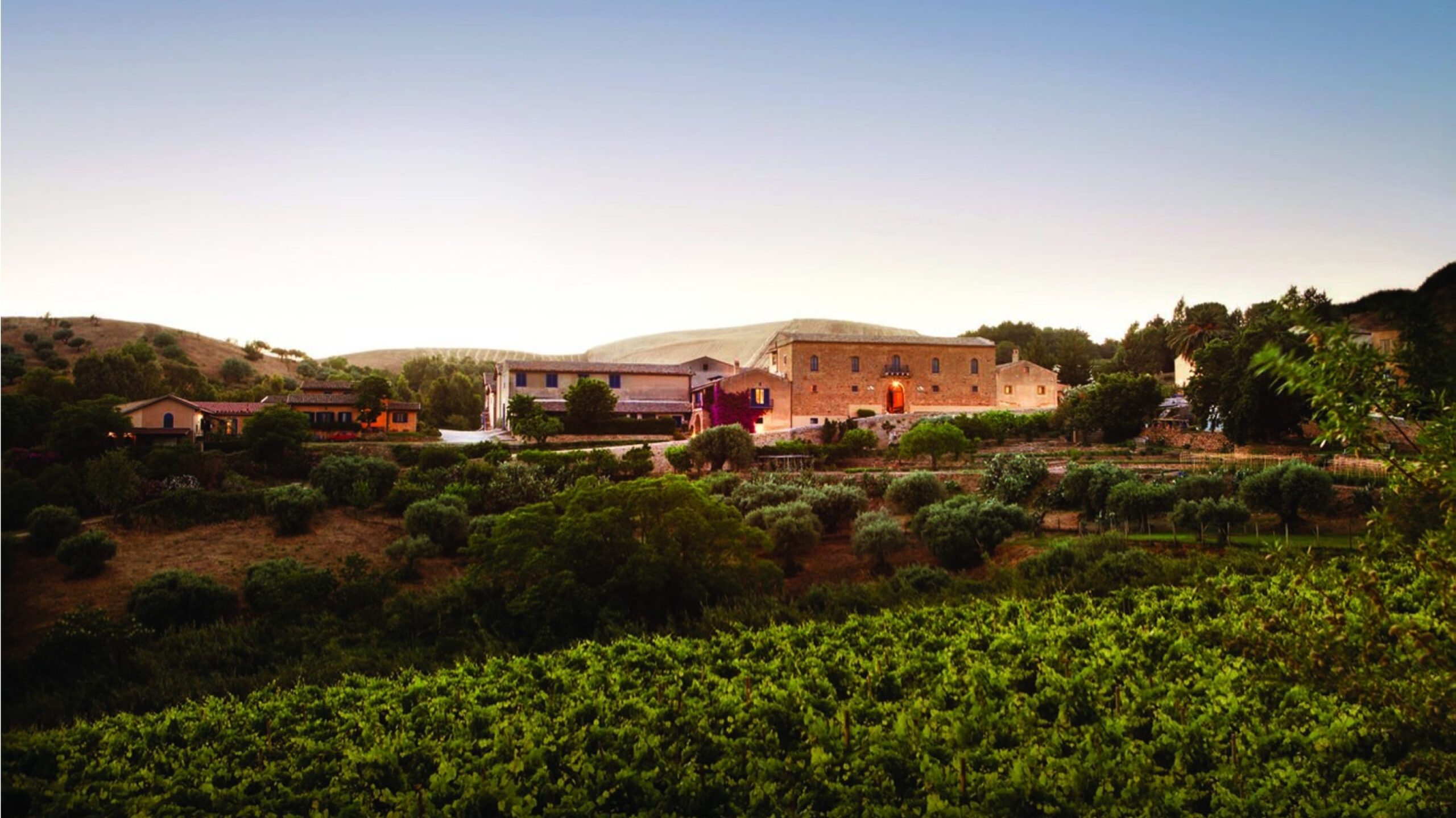 Main building of winery Tenuta Regaleali nestled in lush green vineyards