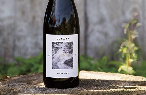 outlier pinot noir on a stump outdoors in the sun
