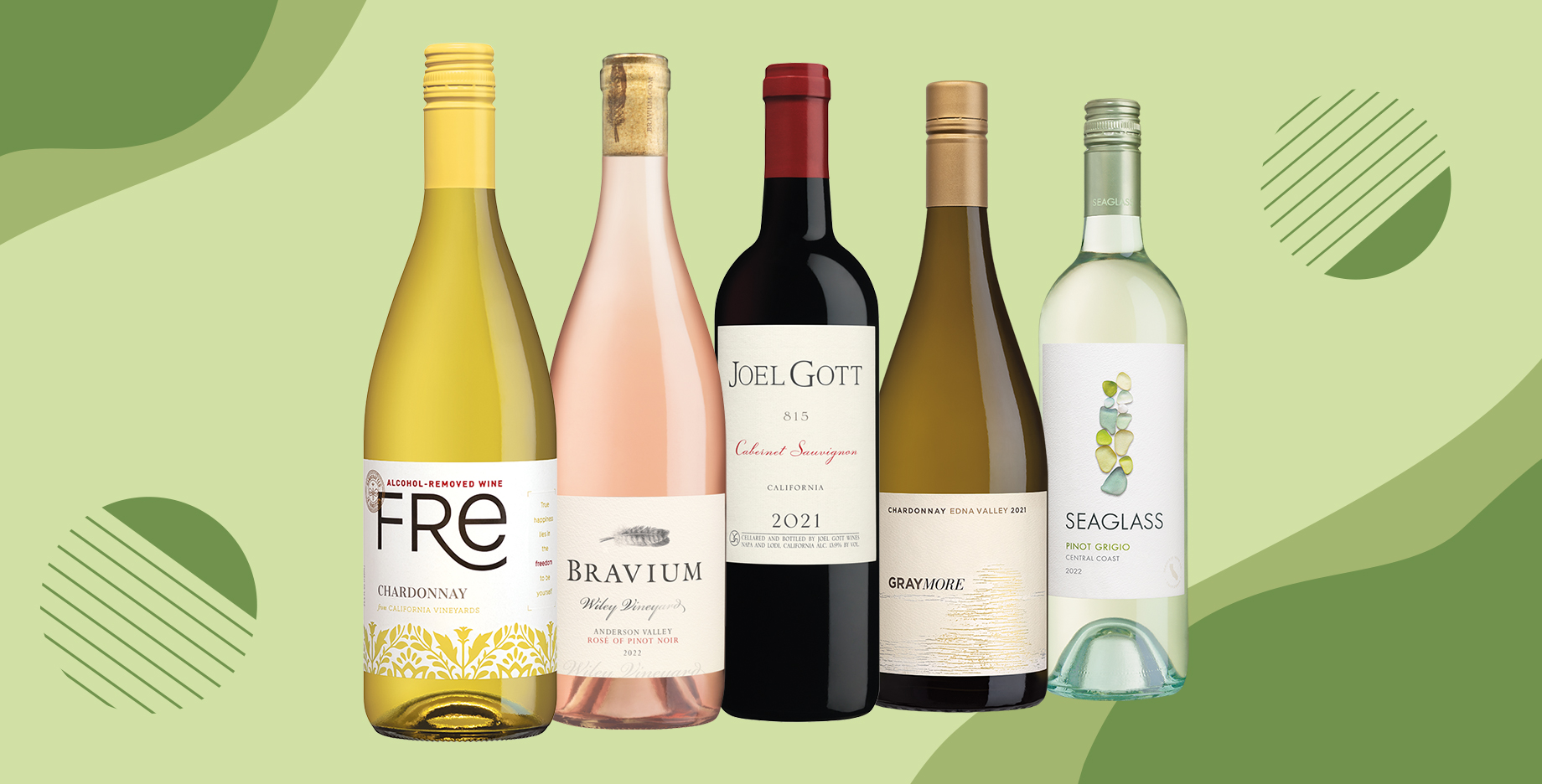 Various bottles of wine from One Stop Wine Shop on a graphic background of green hues