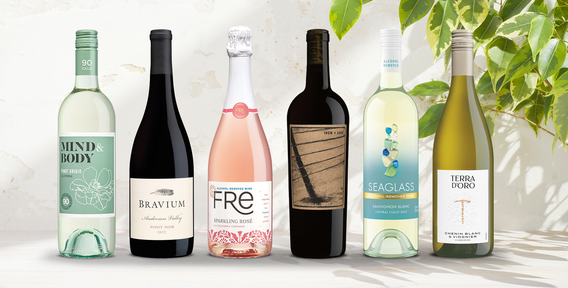 lineup of bottles of wine from One Stop Wine Shop's spring favorites selections on a white table with leaves from a green plant in the background