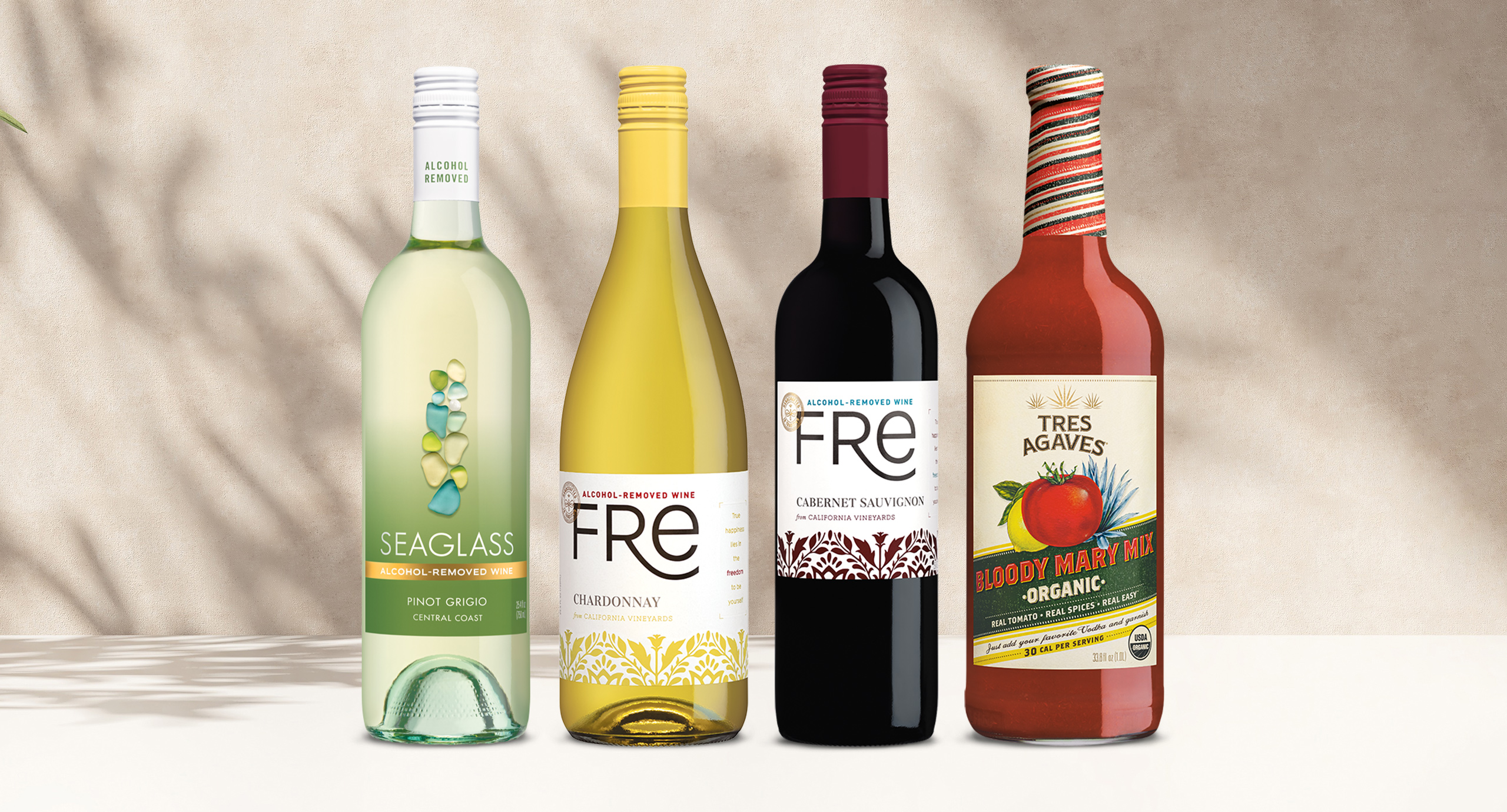 one bottle of seaglass alcohol-removed pinot grigio, one bottle of FRE alcohol-removed chardonnay, one bottle of FRE cabernet sauvignon, and one bottle of tres agaves bloody mary mix