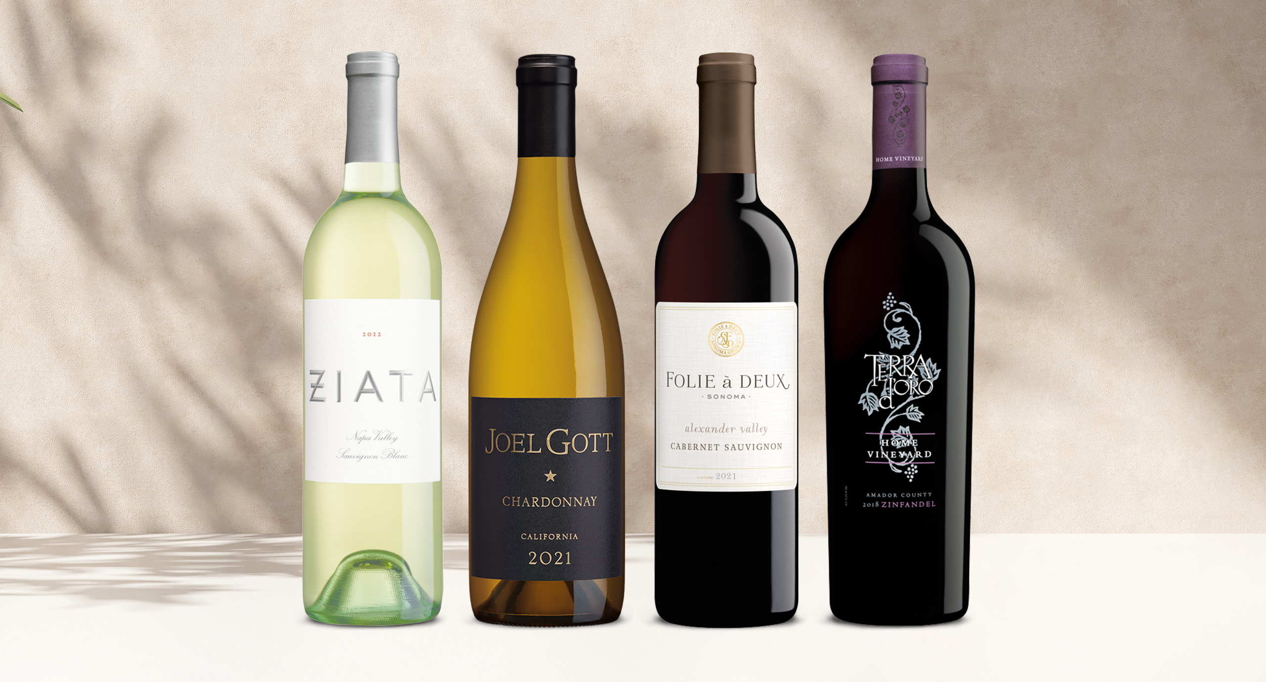 one bottle of ziata sauvignon blanc, one bottle of joel gott chardonnay, one bottle of folie a deux cabernet sauvginon, and one bottle of terra d'oro home vineyard zinfandel