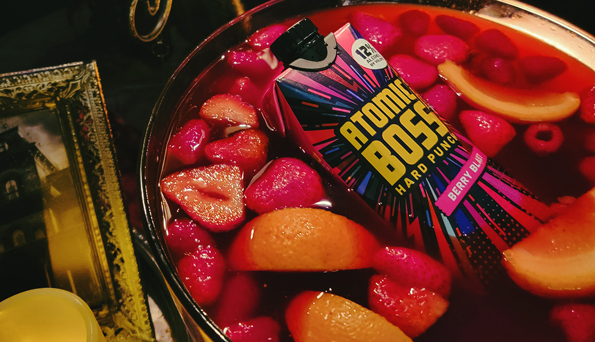 Bowl of berry vampire punch made with Atomic Boss