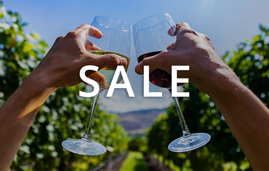 One Stop Wine Shop sale! two people clinking glasses of wine in a lush green vineyard with a bright blue sky.