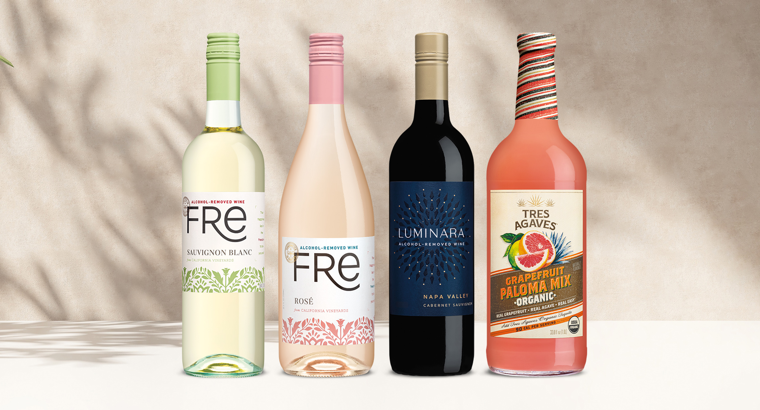 One Stop Wine Shop's Alcohol Removed wine club May shipment featuring FRE sauvignon blanc, FRE rose, Luminara cabernet sauvignon, and Tres Agaves grapefruit paloma mix. Sign up for our wine club!