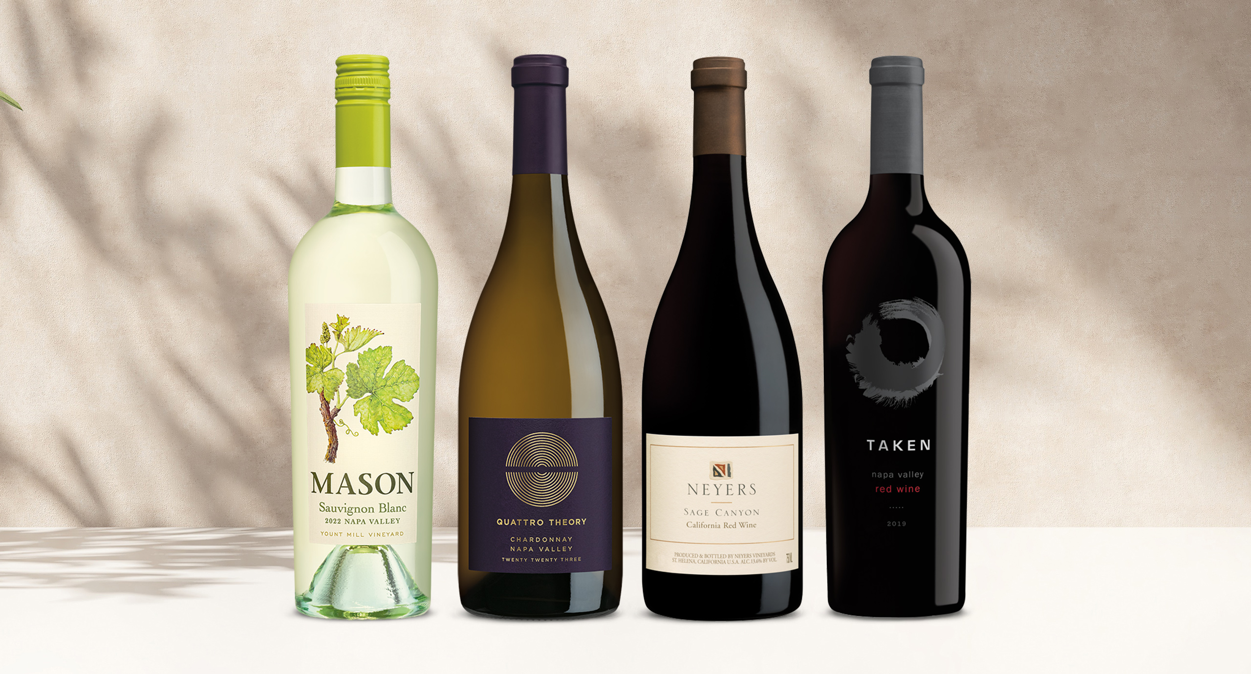 One Stop Wine Shop's Quintessential Wine Club May shipment featuring Mason Napa Valley sauvignon blanc, Quattro Theory chardonnay, Neyers sage canyon red blend, and Taken Napa Valley red wine. Sign up for our wine club!