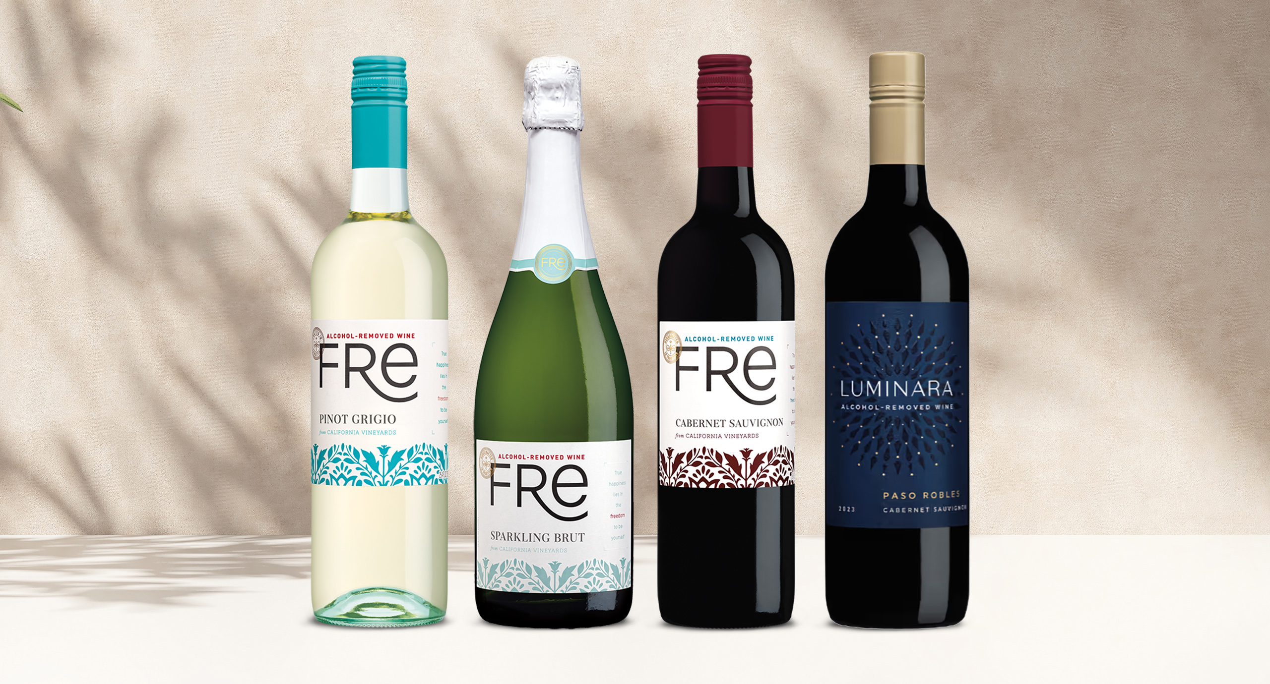 One Stop Wine Shop's Alcohol-Removed November club shipment featuring FRE pinot grigio, FRE sparkling brut, FRE cabernet sauvignon, and Luminara Paso Robles cabernet sauvignon