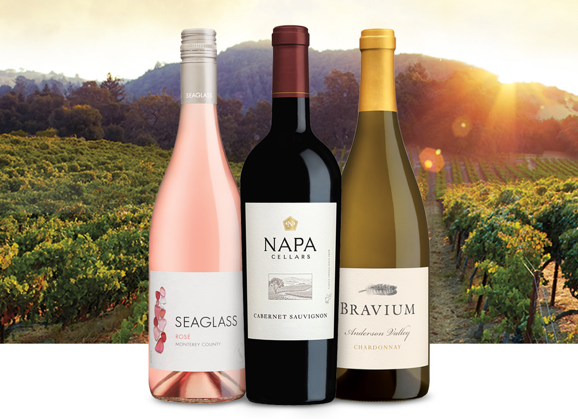 Lineup of California wines in front of a winery. Shop wines by region at One Stop Wine Shop.