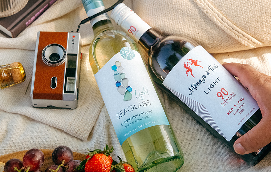 A bottle of SEAGLASS light sauvignon blanc and Menage a Trois light red blend on a picnic blanket next to a camera.