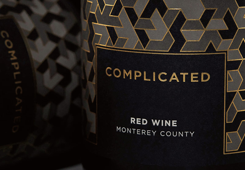 Close up of a bottle of Complicated red wine from Monterey County