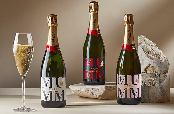 Three bottles of Mumm Napa sparkling wine, shop these at One Stop Wine Shop